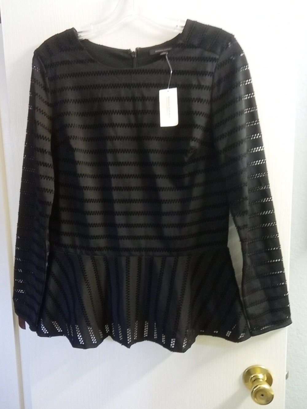 Banana Republic Black Striped Laser-Cut Peplum Top